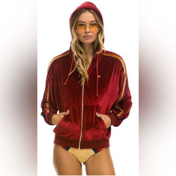 Aviator Nation Velvet Zip-Up Hoodie Red Rainbow Stripe Size S - Relaxed Fit - Picture 10 of 10